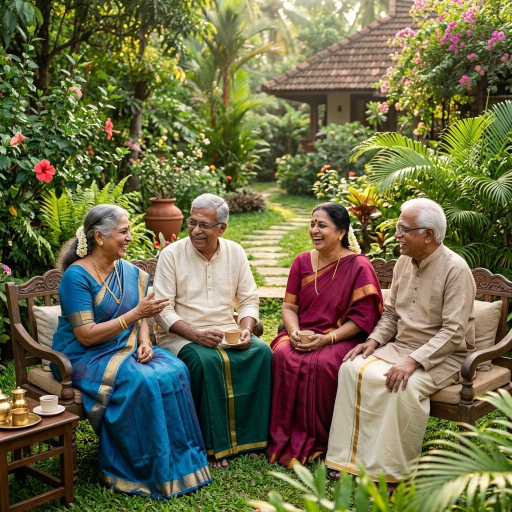 Happy South Indian residents relaxing in the garden